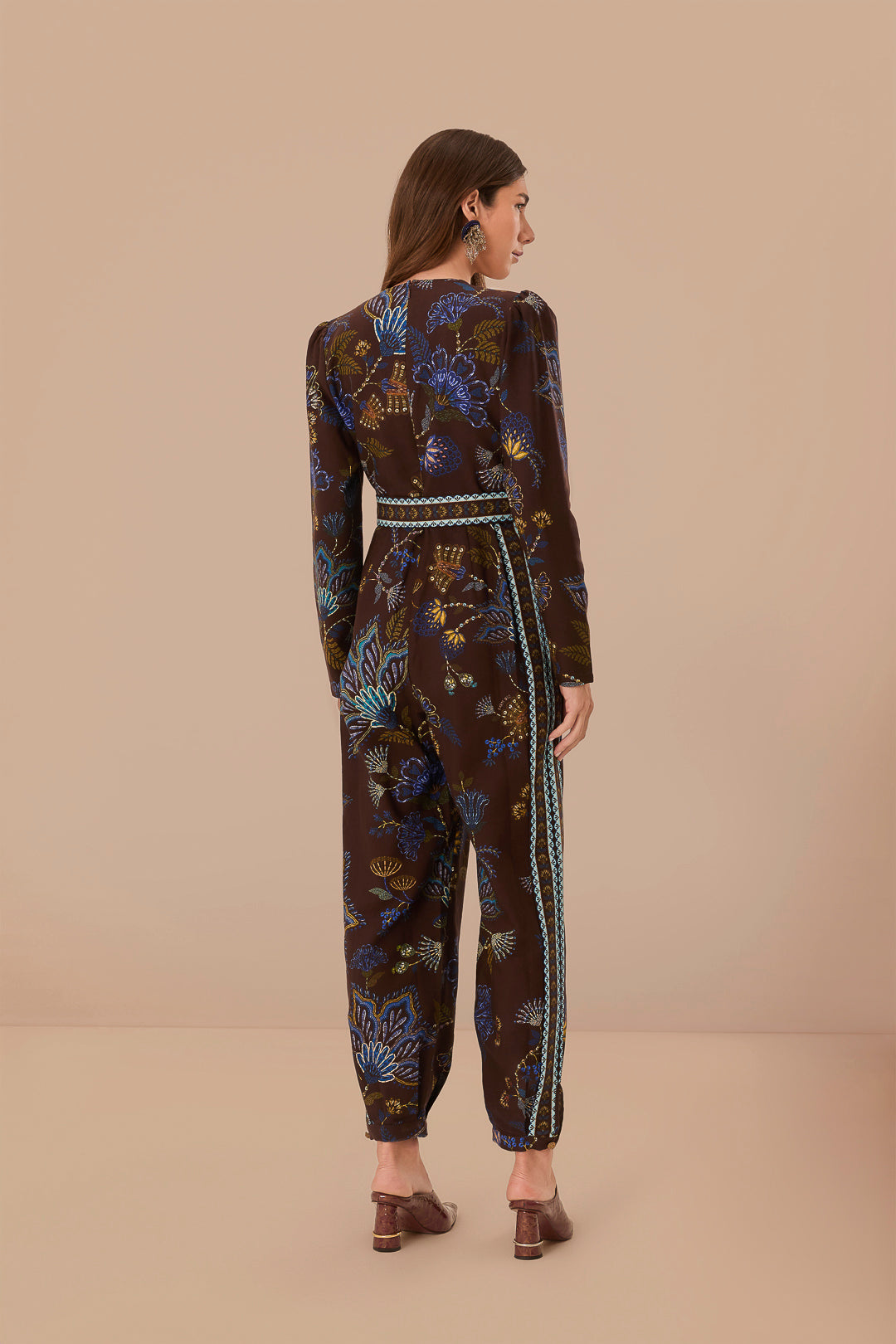 Brown Embroidered Garden V Neck Jumpsuit