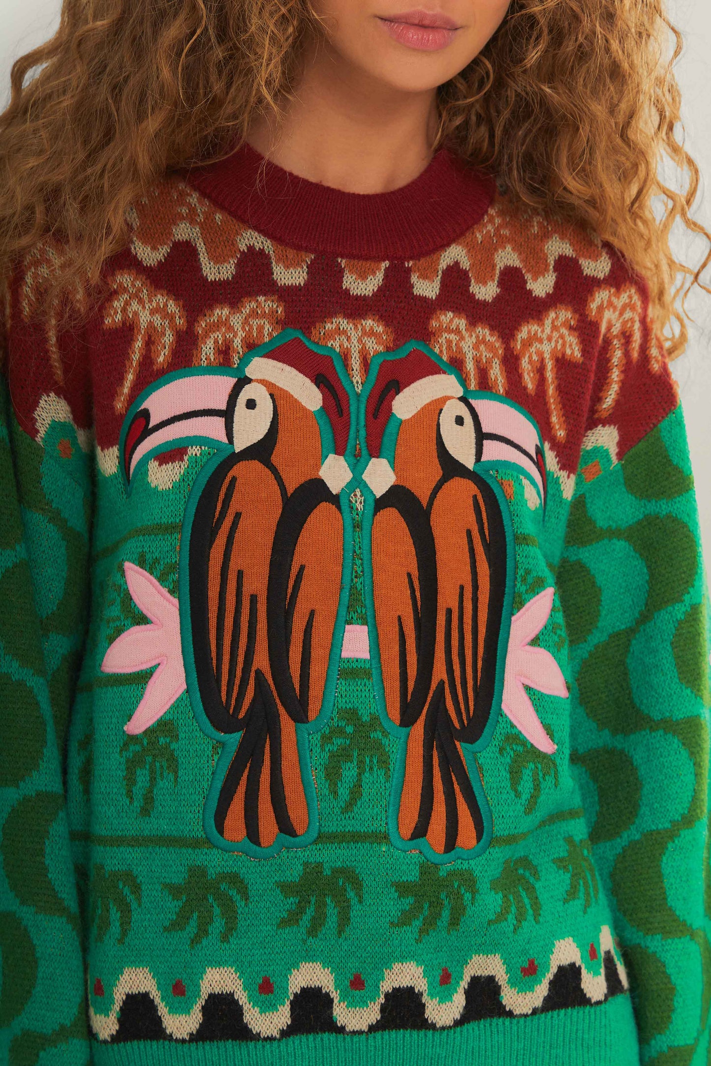 Pull en tricot vert à motifs de toucans de Noël