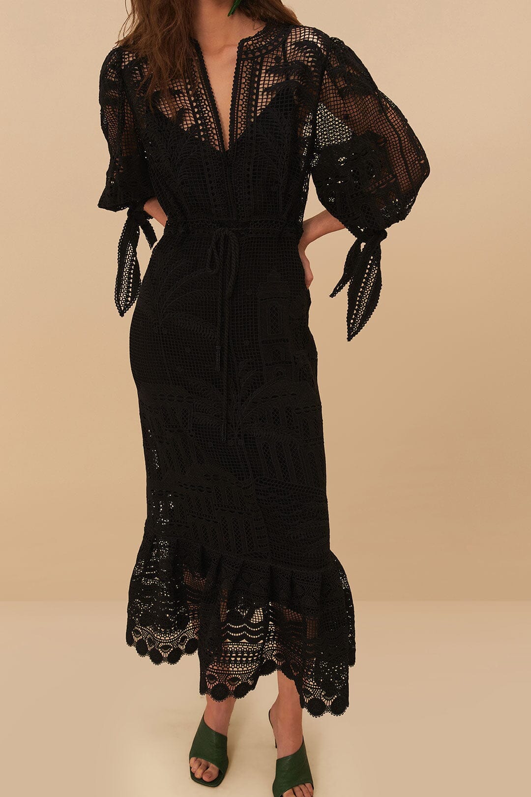 Black Morada Boa Guipure Maxi Dress FARM Rio Black Morada Boa Guipure Maxi Dress FARM Rio