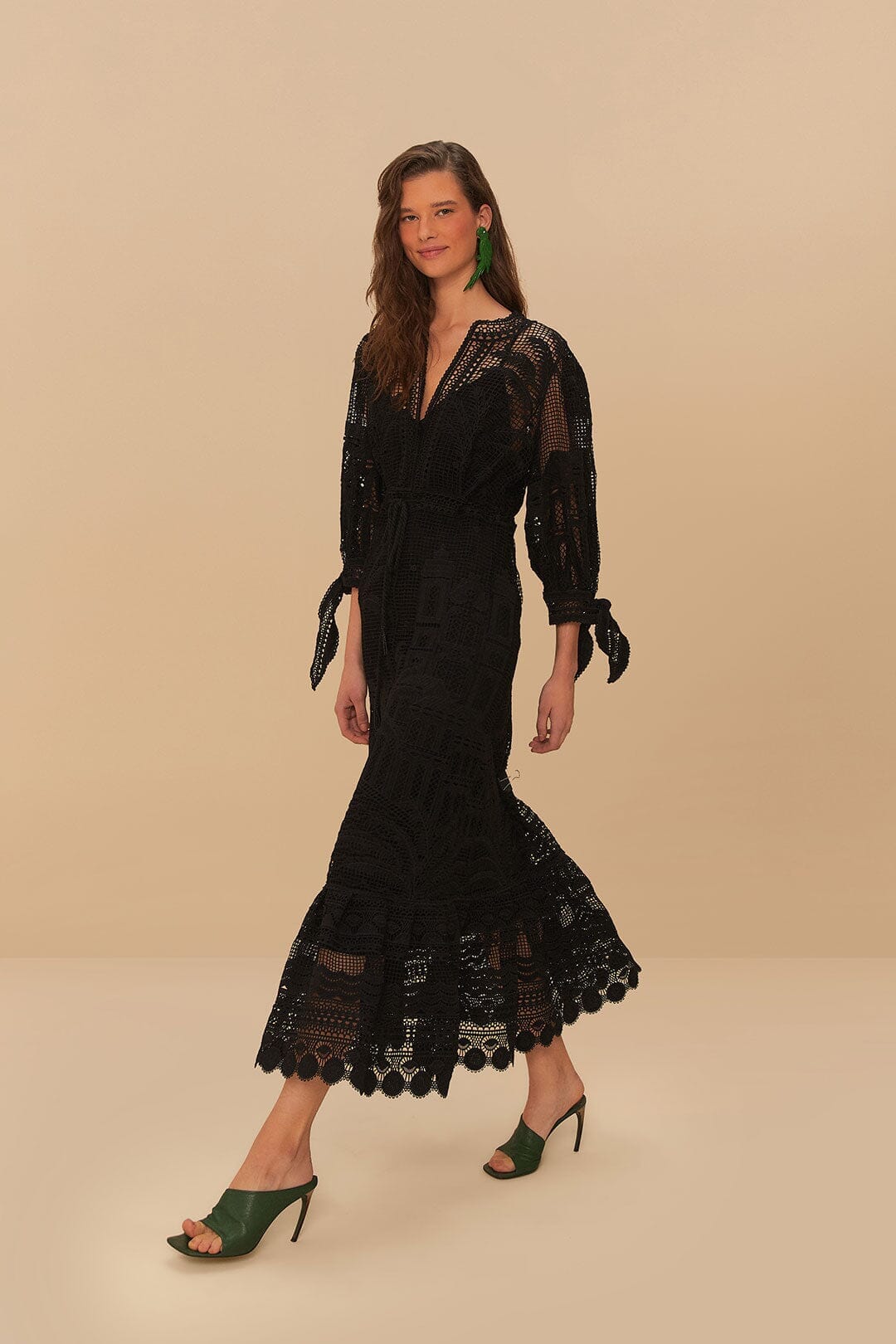 farm rio dark green guipure long sleeve maxi dress Long Sleeve Tiered Guipure Lace Dress Dark Green Guipure Long Sleeve Maxi Dress Farm Rio
