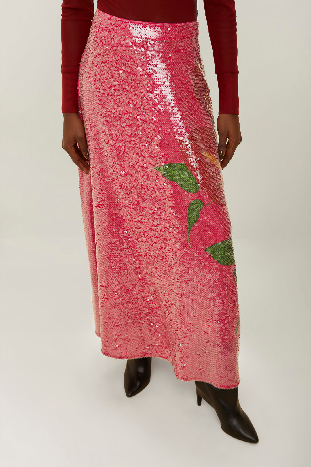 Pink Anthurium Flowers Sequins Midi Skirt