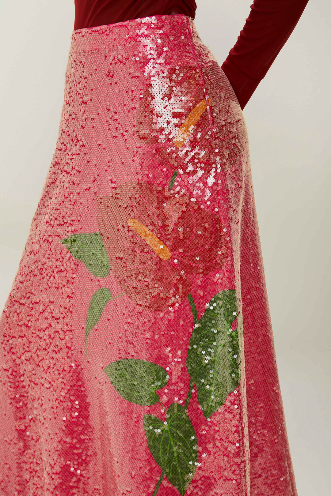 Pink Anthurium Flowers Sequins Midi Skirt