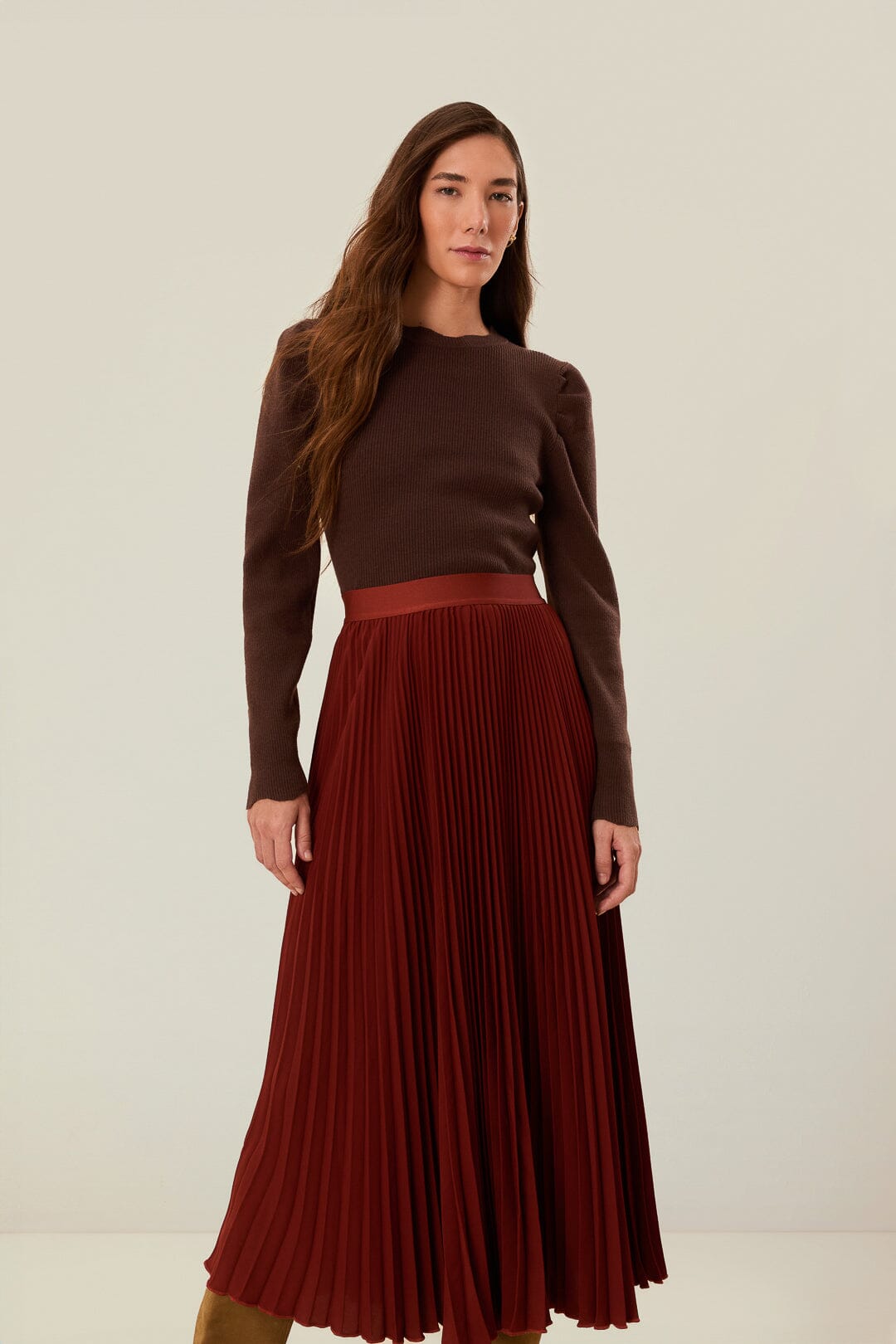 Brown Pleated Maxi Skirt