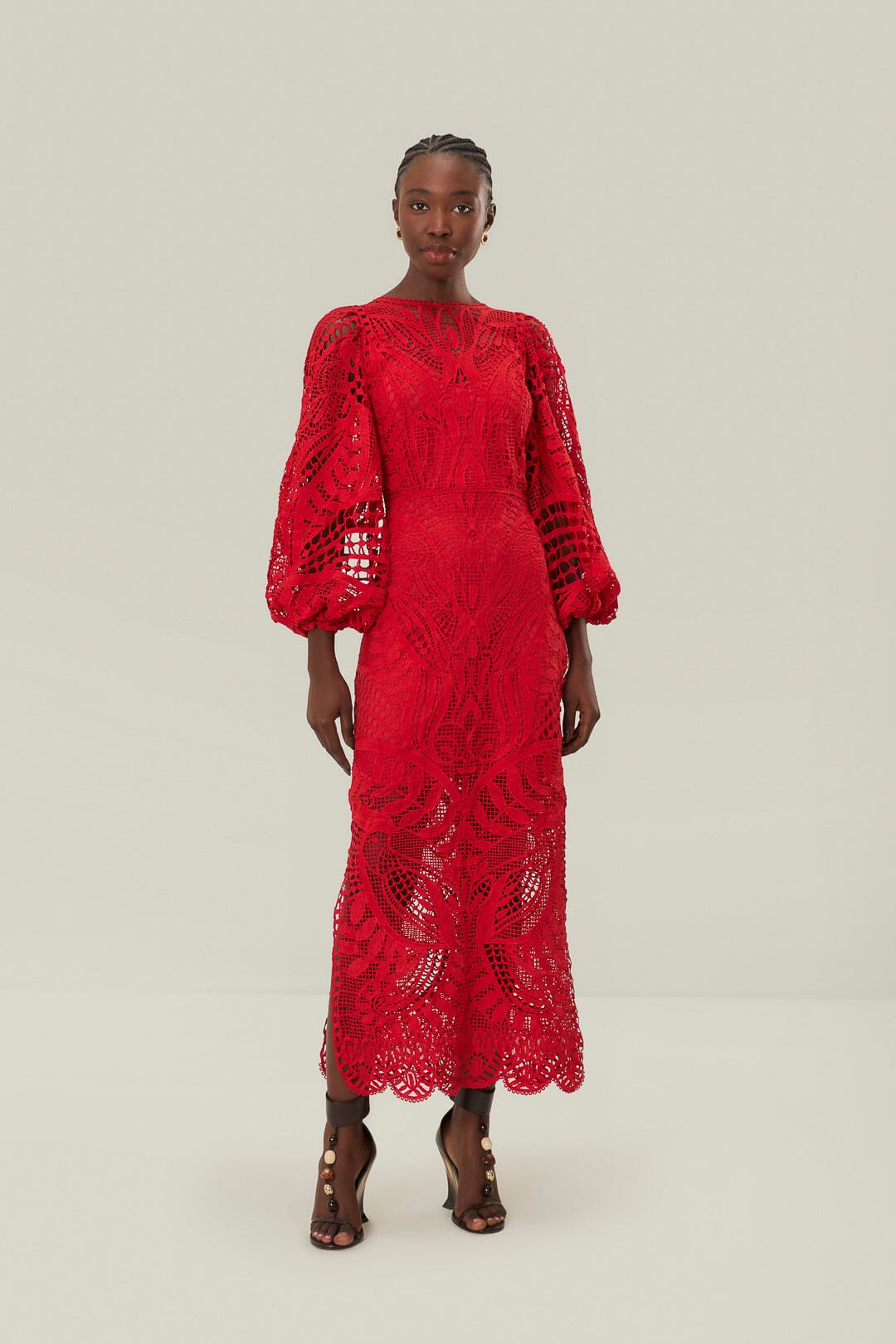 Robe mi-longue en guipure rouge Nature