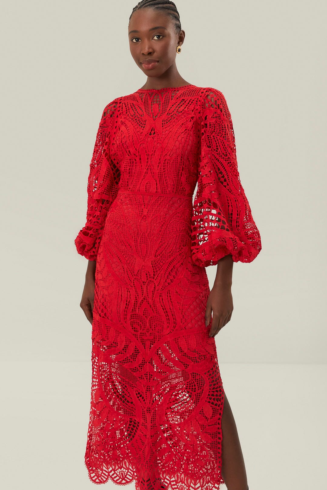 Robe mi-longue en guipure rouge Nature