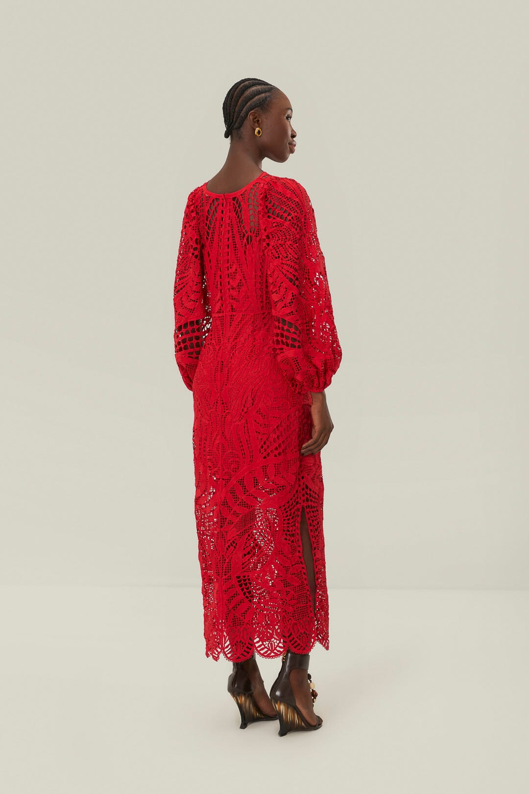 Robe mi-longue en guipure rouge Nature