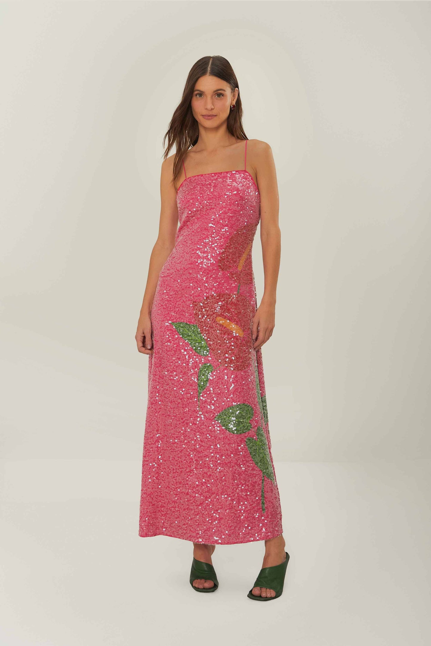 Robe longue à imprimé fleurs d'anthurium rose