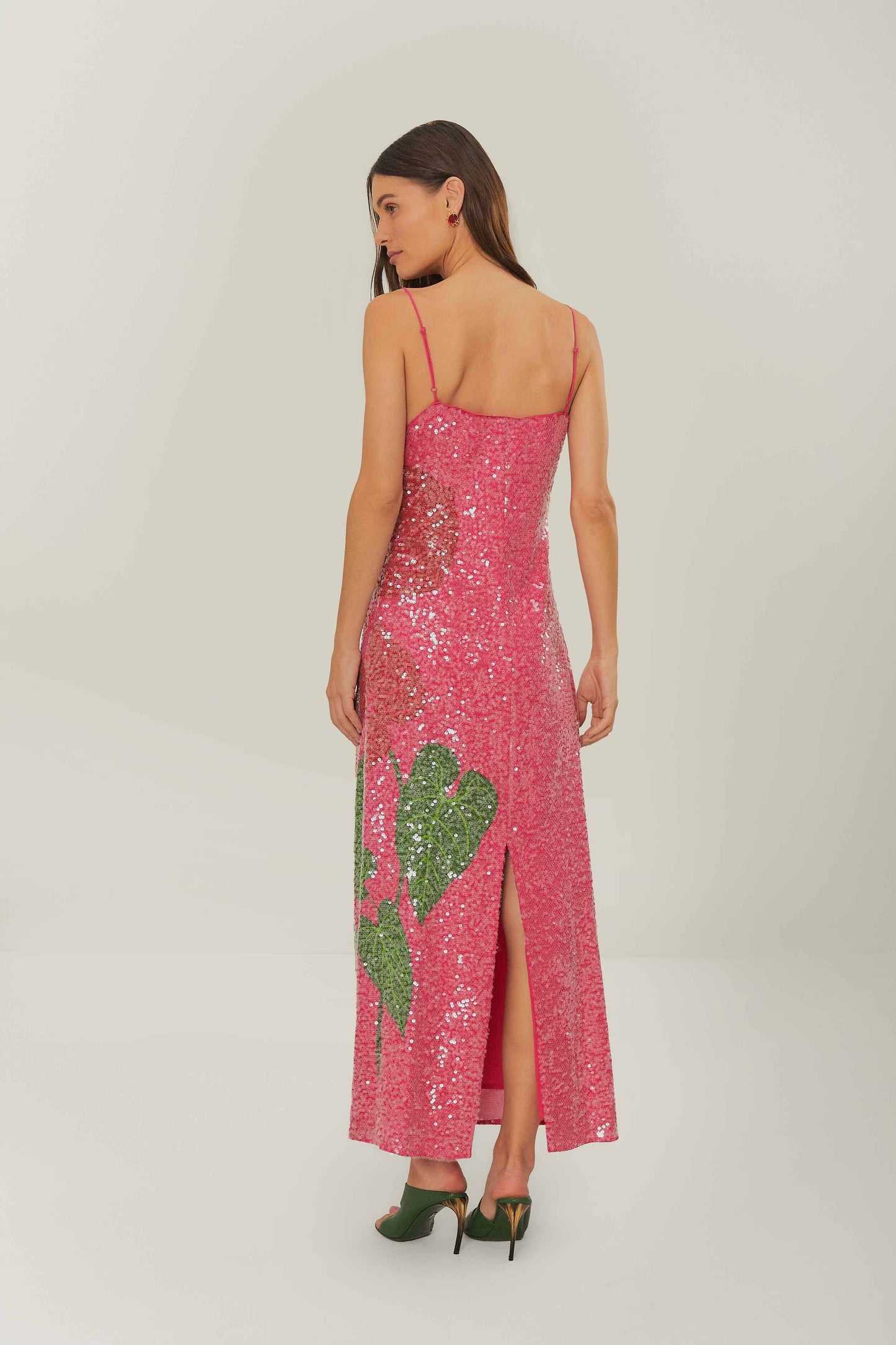 Robe longue à imprimé fleurs d'anthurium rose