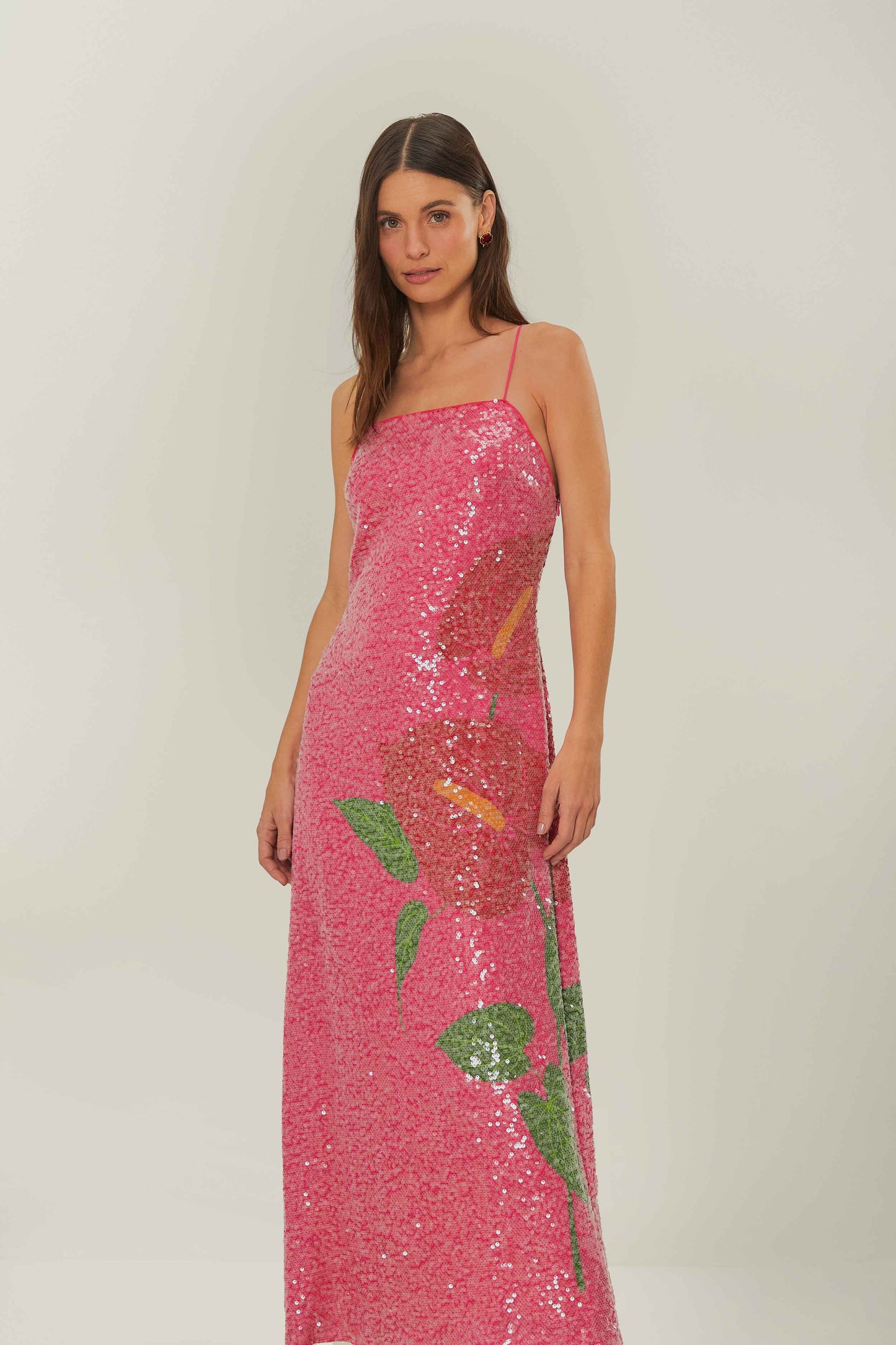 Robe longue à imprimé fleurs d'anthurium rose