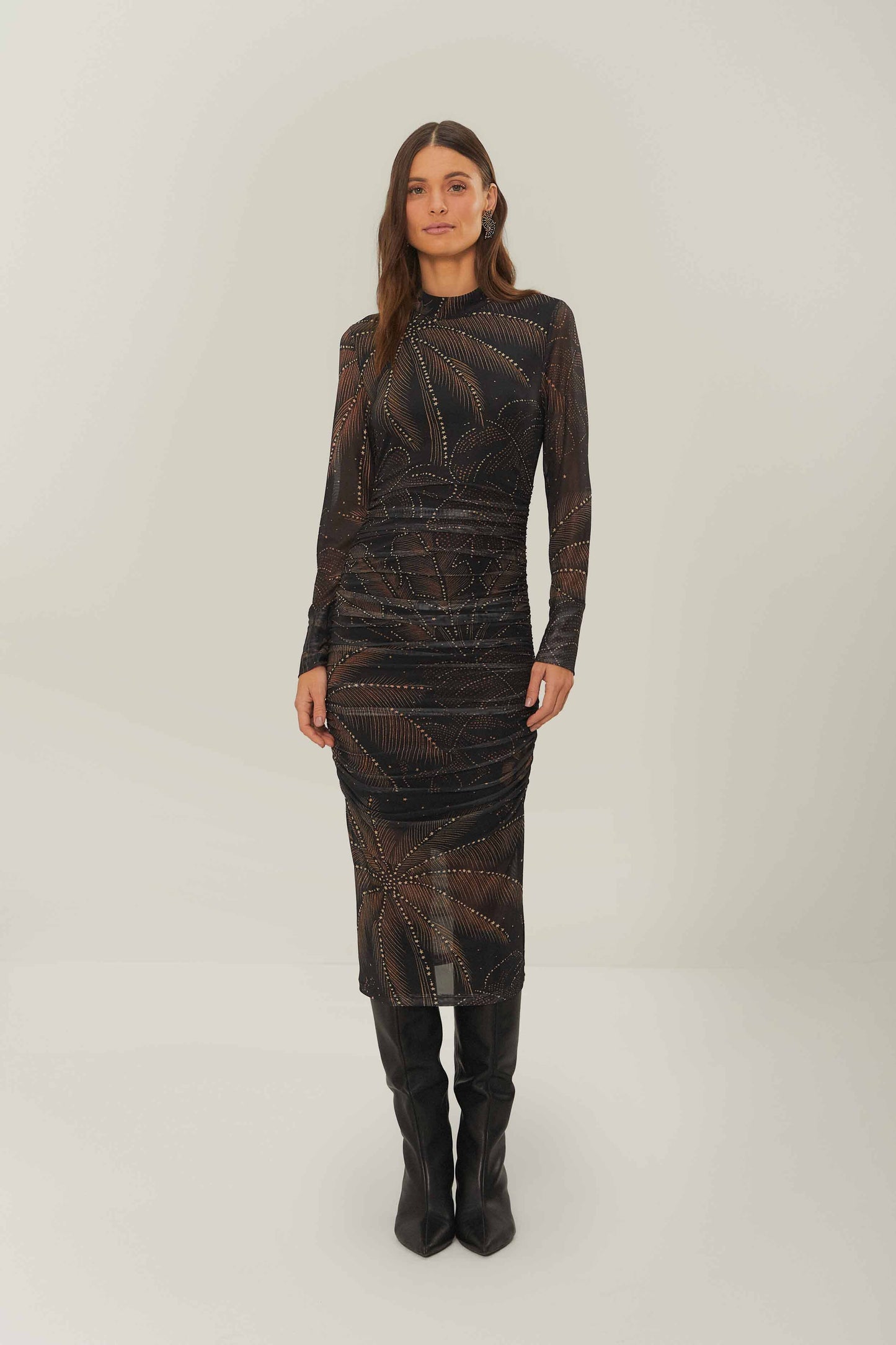 Black Golden Foliage Tulle Midi Dress FARM Rio Black Golden Foliage Tulle Midi Dress FARM Rio