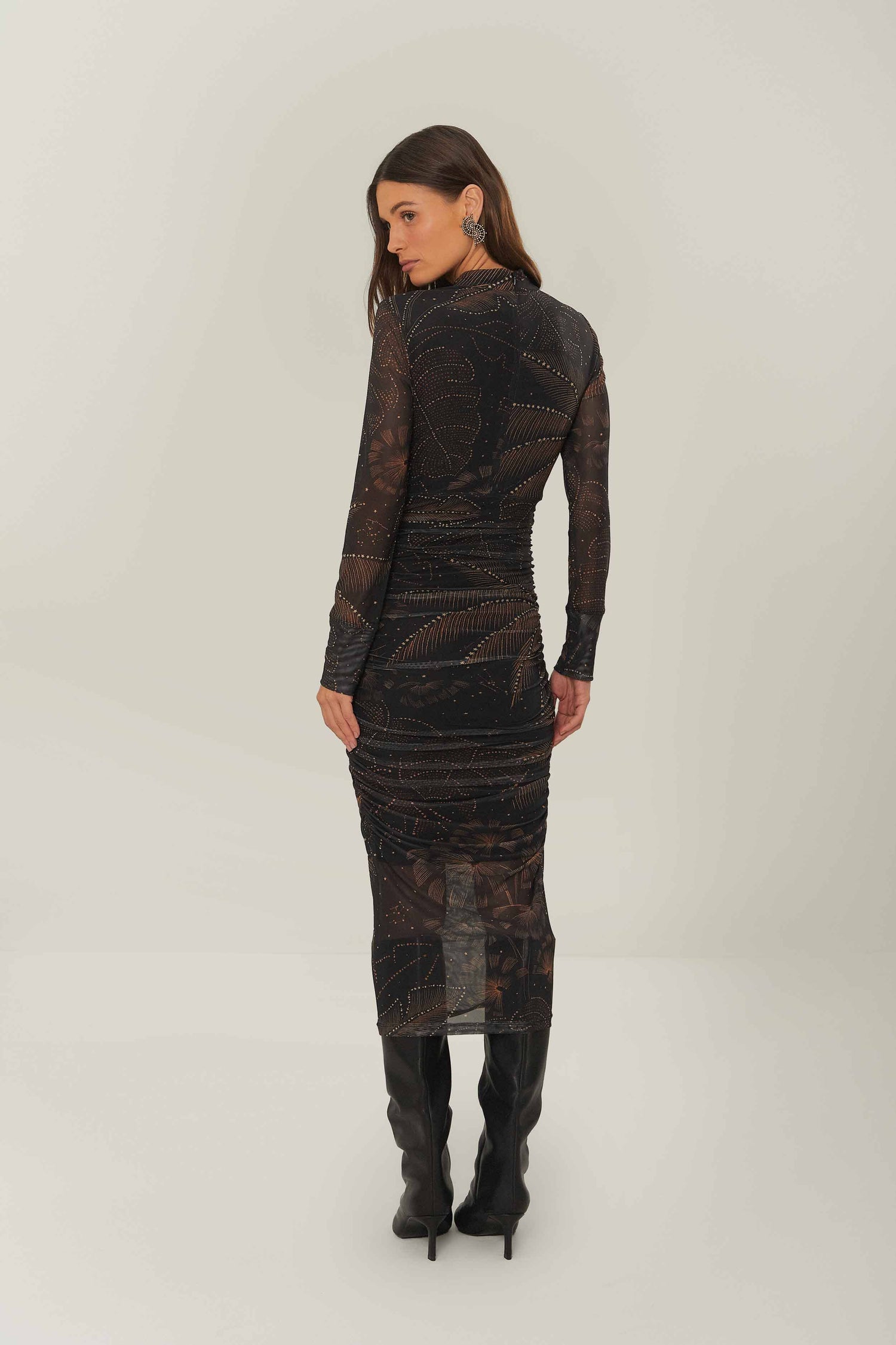farm rio black golden foliage mini dress FARM Rio Golden Foliage Black Mini Puffy Sleeve Dress