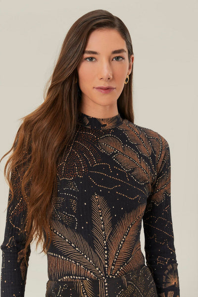 Black Golden Foliage Bodysuit FARM Rio Black Golden Foliage Bodysuit FARM Rio