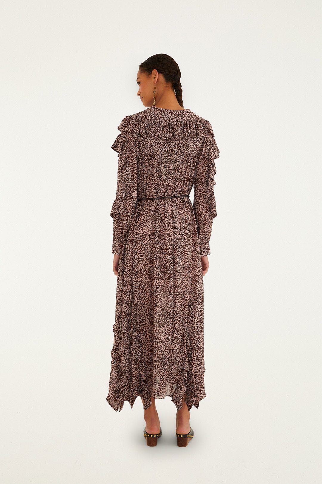 Pink Baby Leopard Long Sleeve Angled Frill Maxi Dress