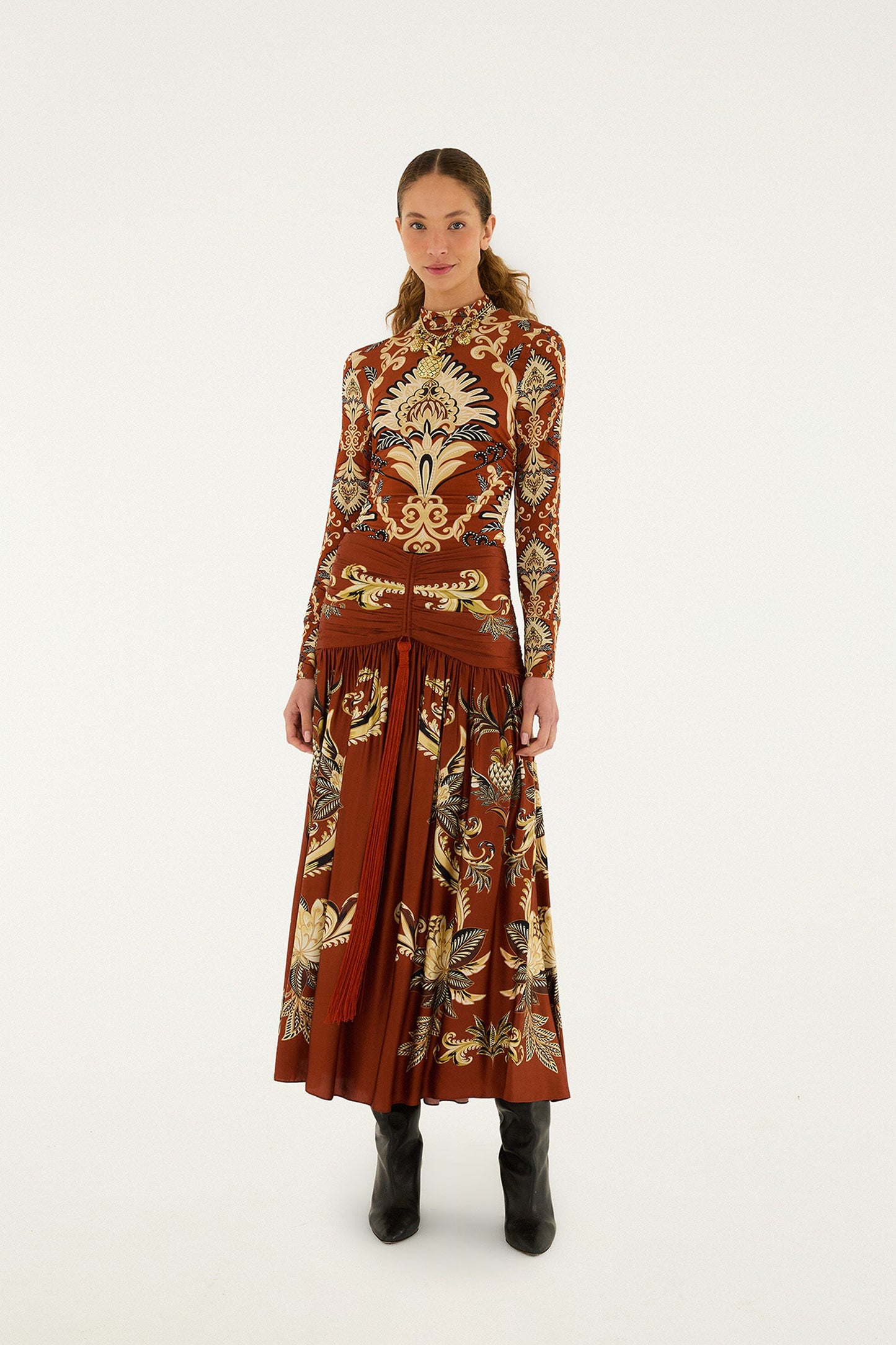 Orange Arabesque Paradise Flower Fringe  Midi Skirt