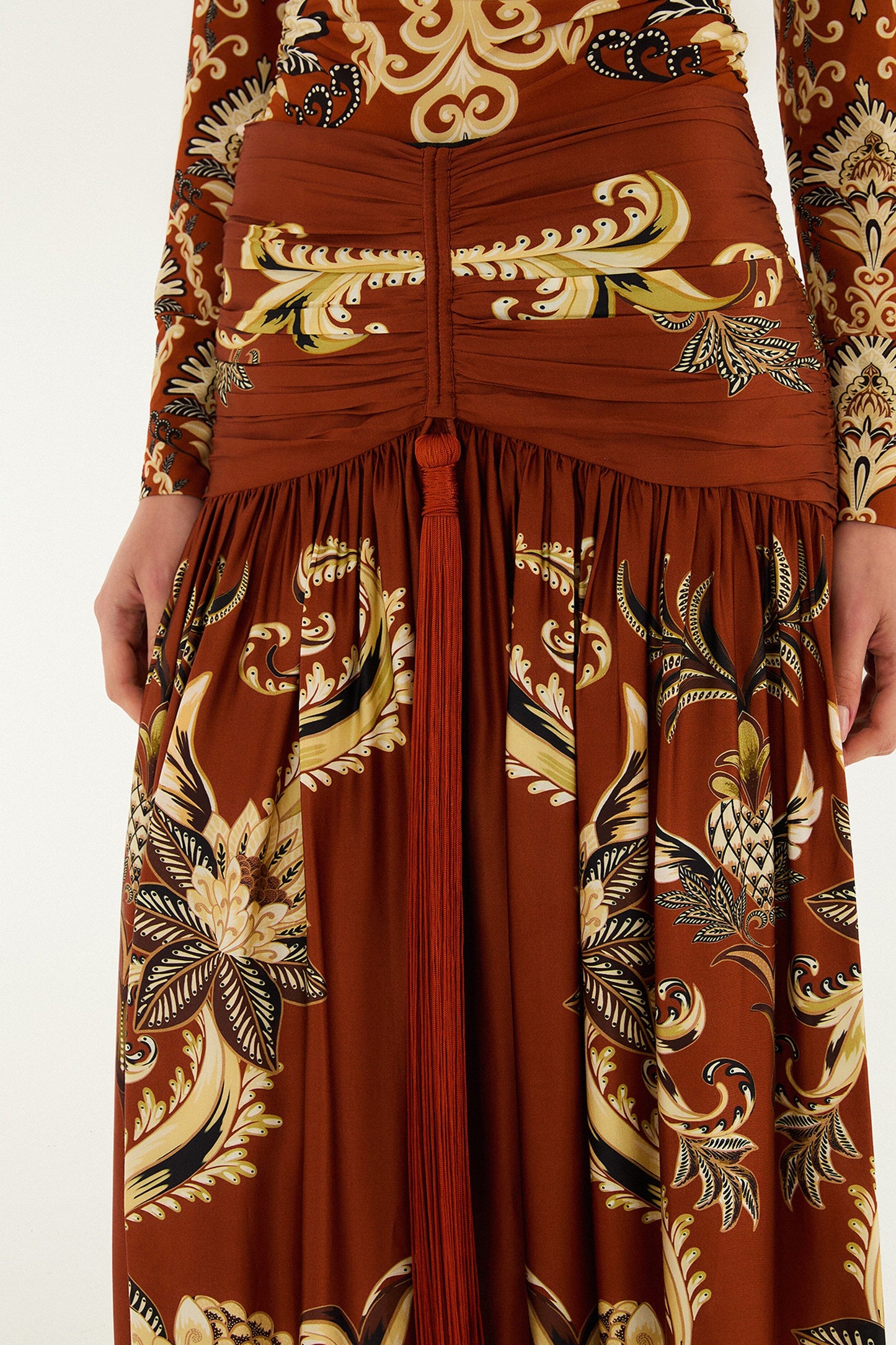 Orange Arabesque Paradise Flower Fringe  Midi Skirt