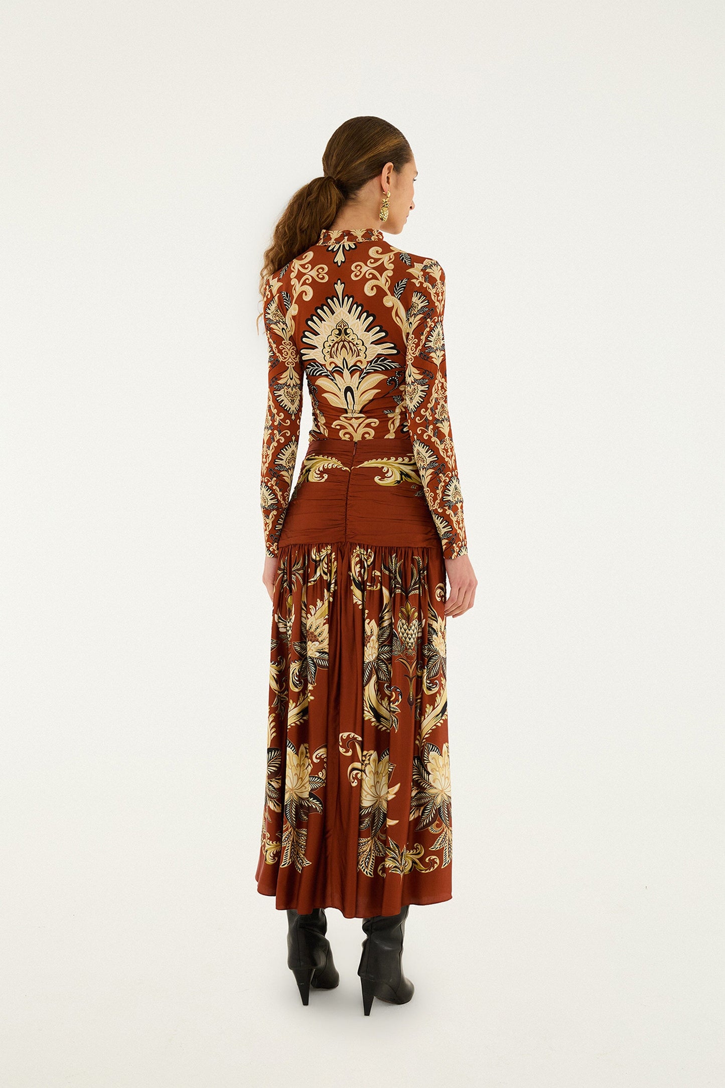 Orange Arabesque Paradise Flower Fringe  Midi Skirt