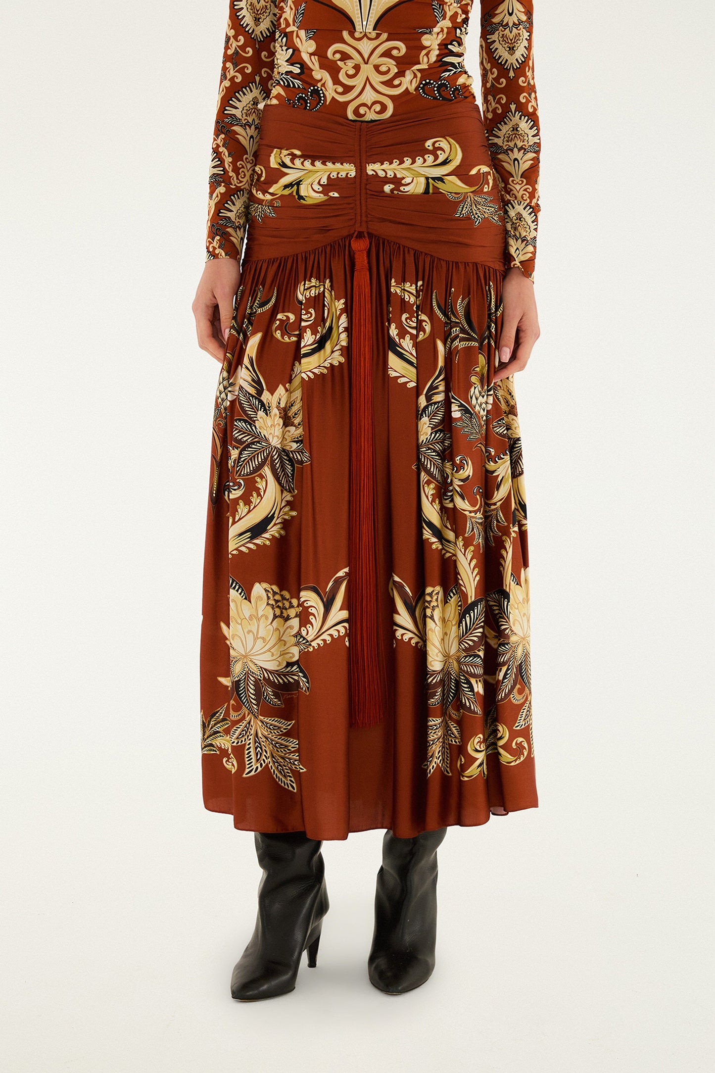 Orange Arabesque Paradise Flower Fringe  Midi Skirt