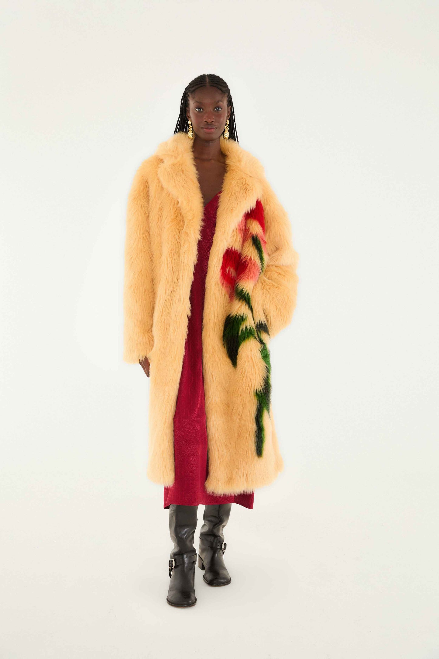 Cream Flowers Faux Fur Coat