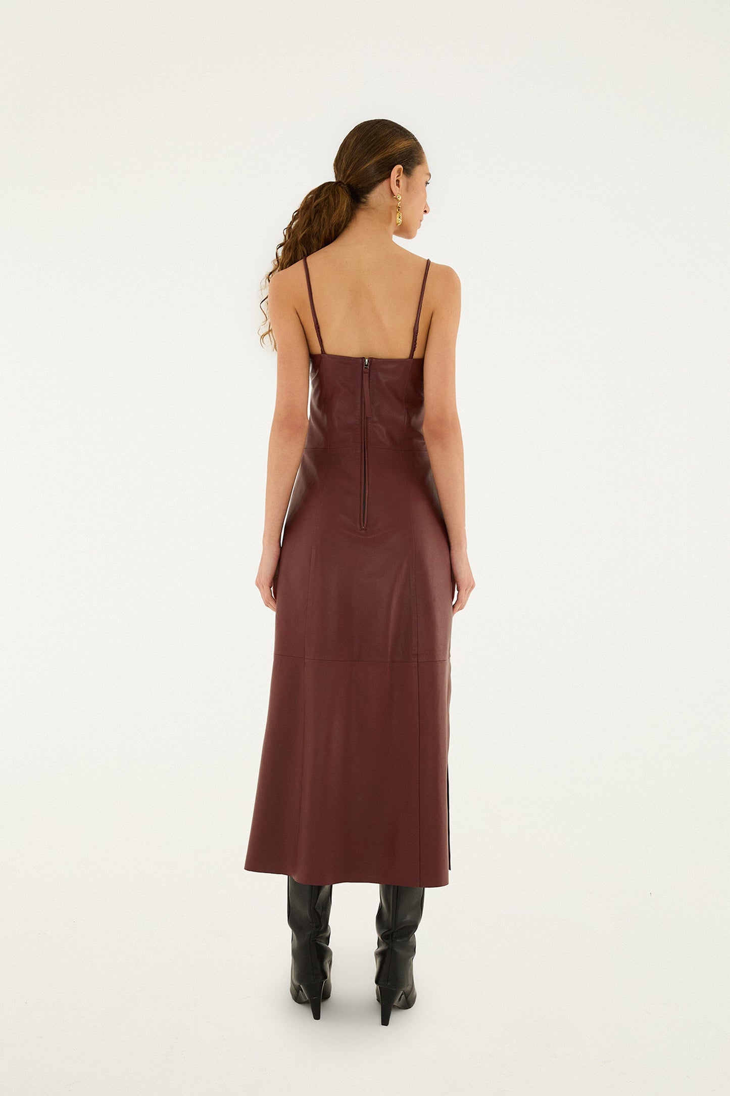 Burgundy 3d Flower Side Slit Leather Midi Dress