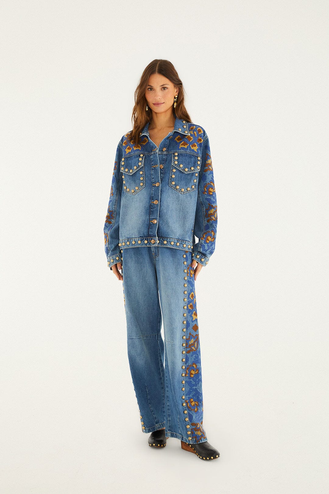 Denim Metal Details Embroidered High Waist Pants