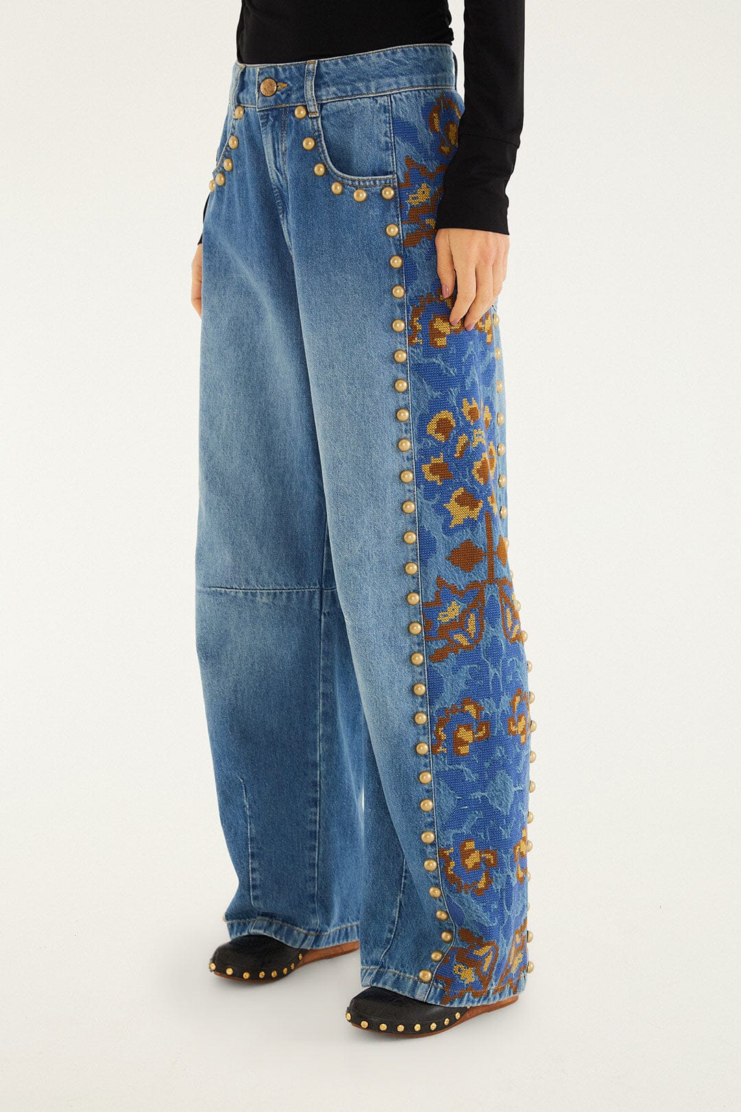 Denim Metal Details Embroidered High Waist Pants
