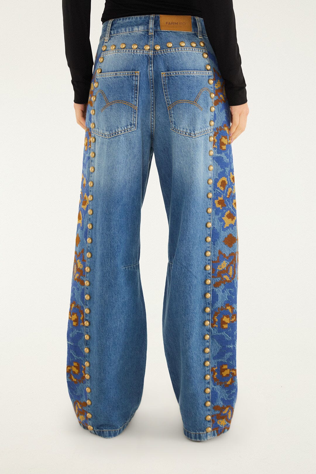 Denim Metal Details Embroidered High Waist Pants