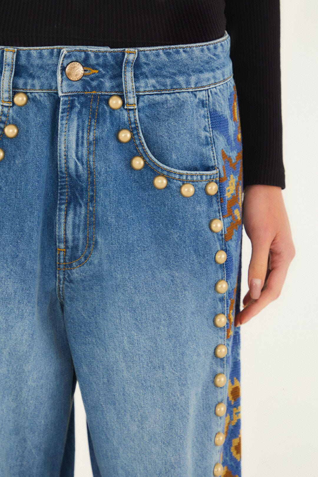 Denim Metal Details Embroidered High Waist Pants