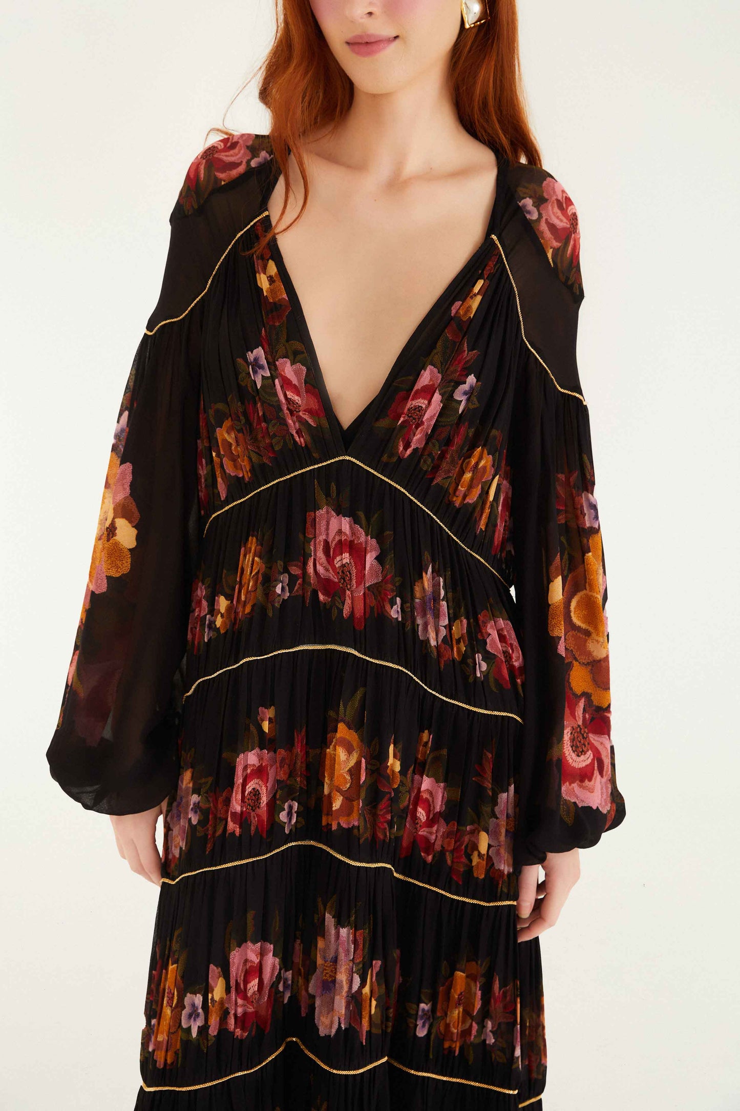 Black Chenille Flowers Long Sleeve Midi Dress