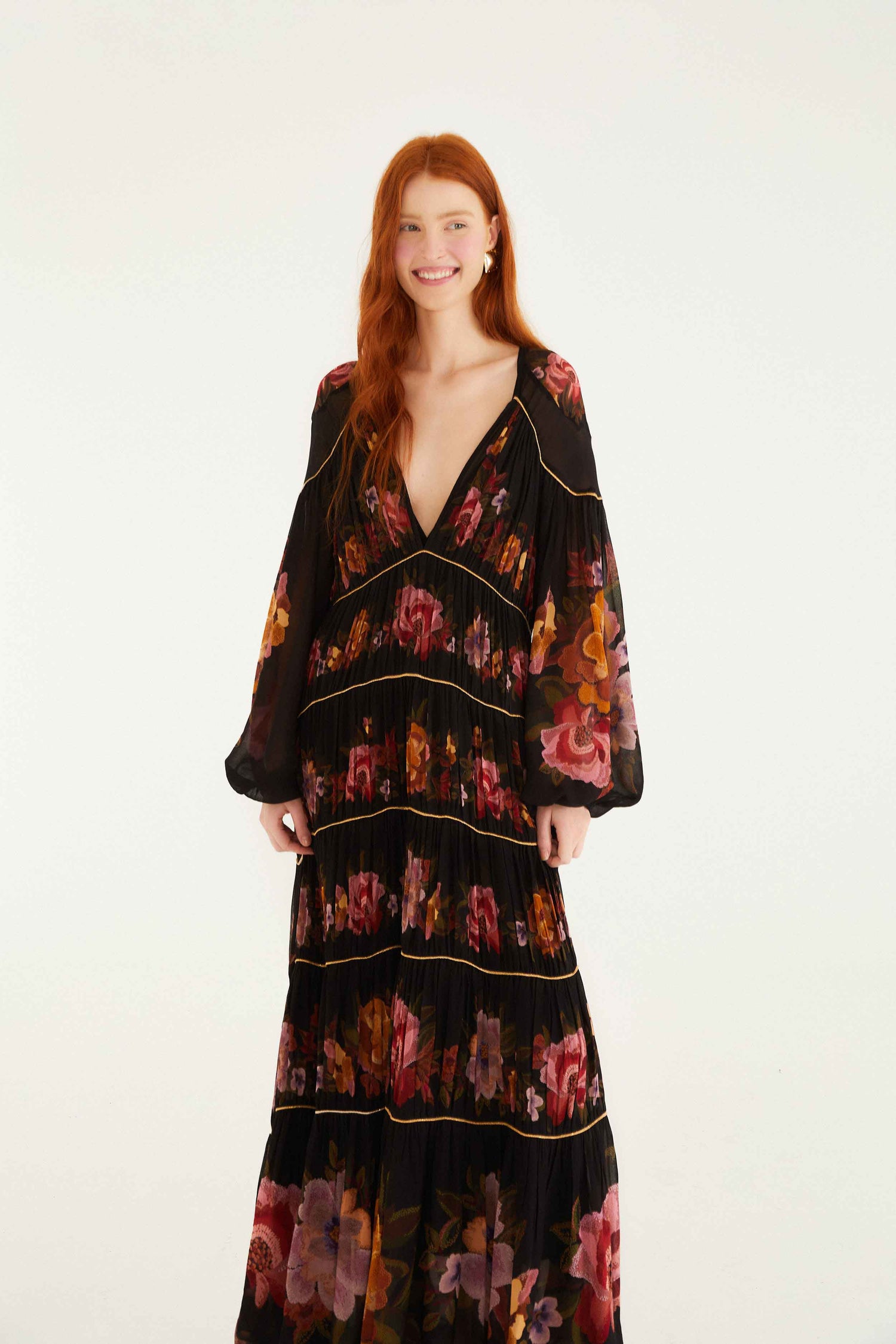 Black Chenille Flowers Long Sleeve Midi Dress | FARM Rio Black Chenille Flowers Long Sleeve Midi Dress | FARM Rio