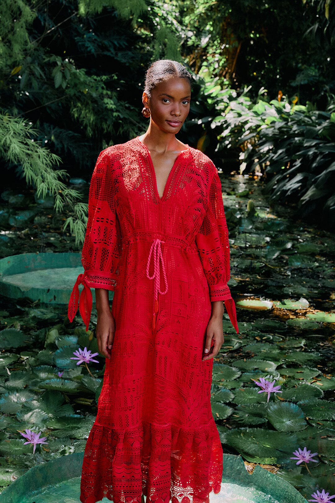Red Morada Boa Guipure Maxi Dress FARM Rio Red Morada Boa Guipure Maxi Dress FARM Rio