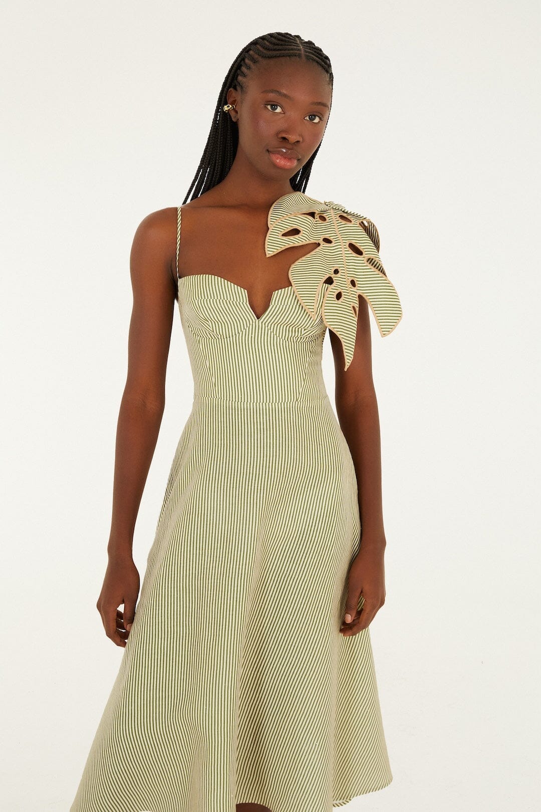 Green Striped 3d Monstera Leaf Euroflax  Premium Linen Midi Dress