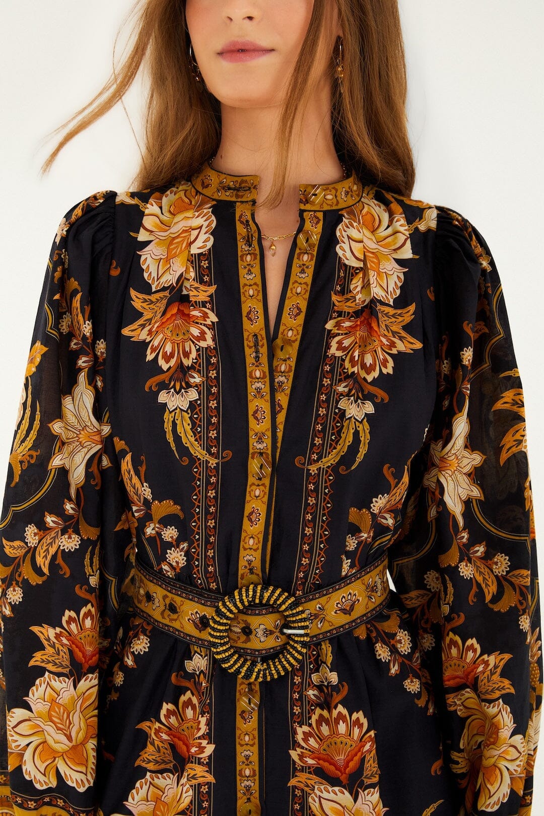 black majestic garden beaded buckle long sleeve mini dress Farm Rio Majestic Garden Long-Sleeve Button-Front Mini Dress