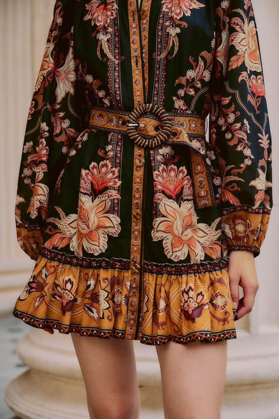 Black Majestic Garden Beaded Buckle Long Sleeve Mini Dress | FARM Rio