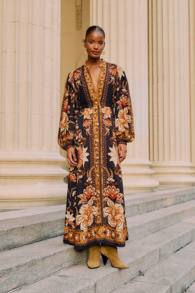 black majestic garden beaded buckle long sleeve mini dress Black Majestic Garden Buttoned Puff Sleeve Maxi Dress