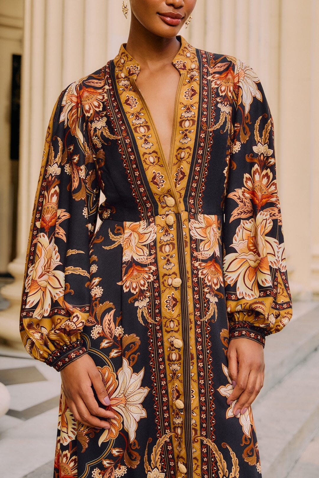 black majestic garden beaded buckle long sleeve mini dress Black Majestic Garden Buttoned Puff Sleeve Maxi Dress