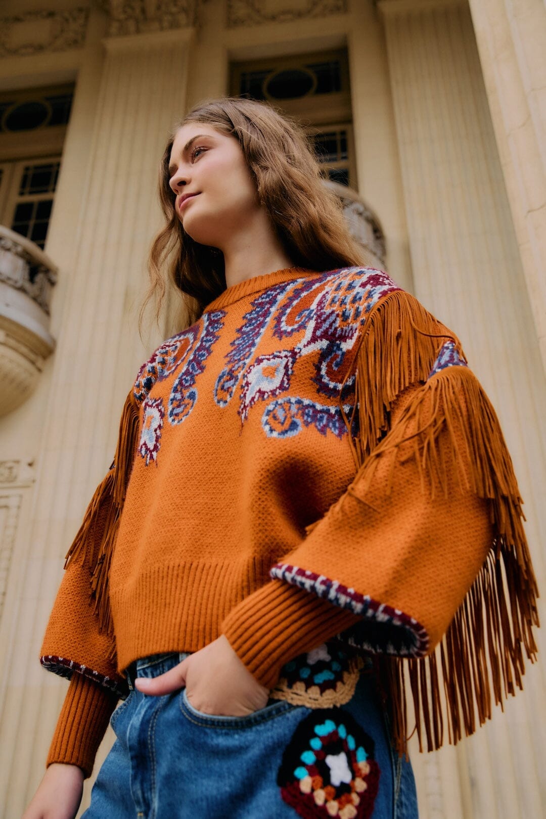 Brown Arabesque Scarf Fringe Cuffed Knit Sweater