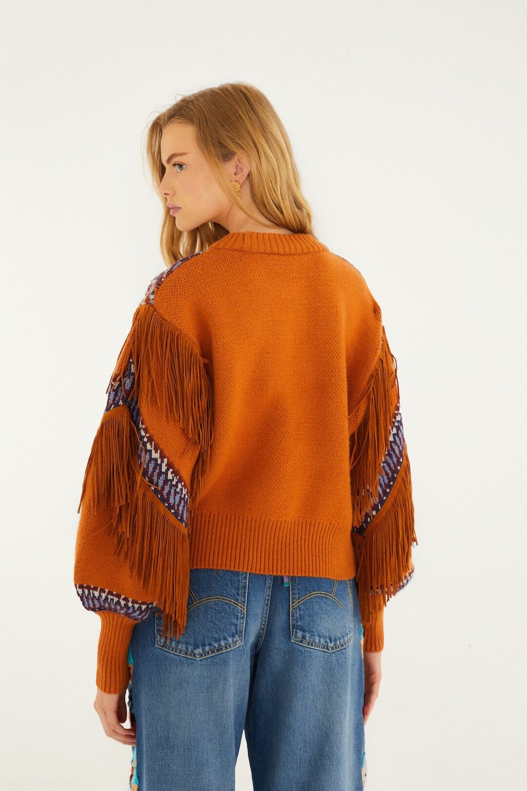 Brown Arabesque Scarf Fringe Cuffed Knit Sweater