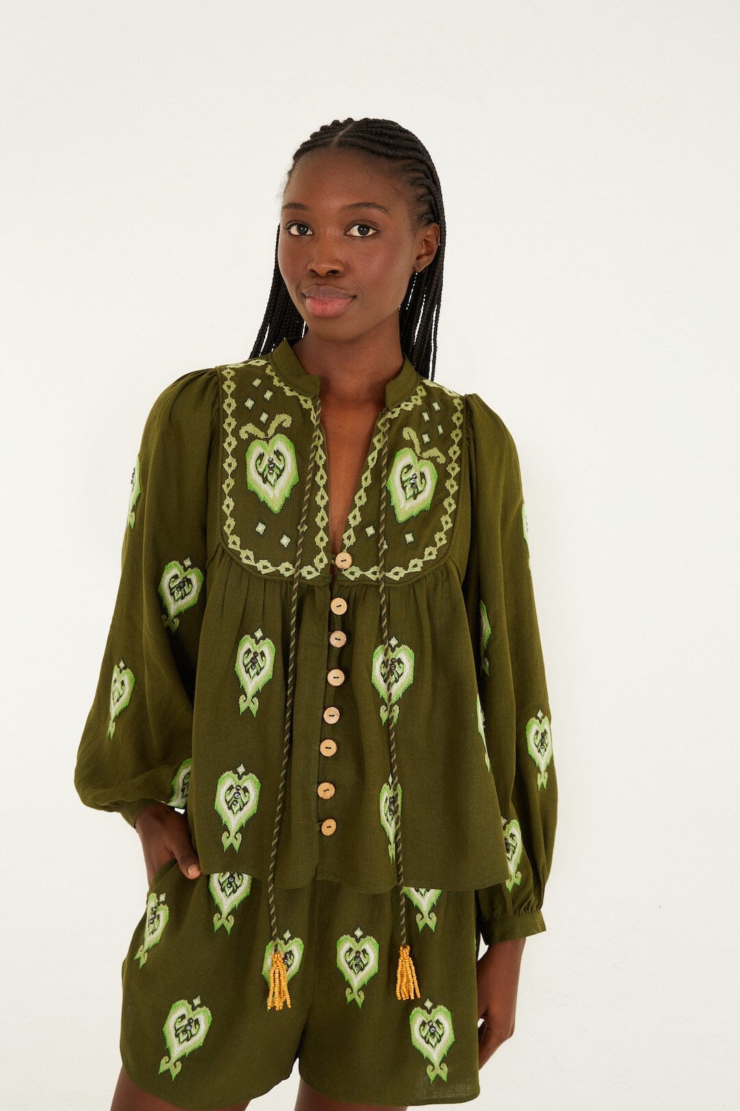 Green Embroidered Puff Sleeve Lenzing™ Ecovero™ Euroflax™ Blouse
