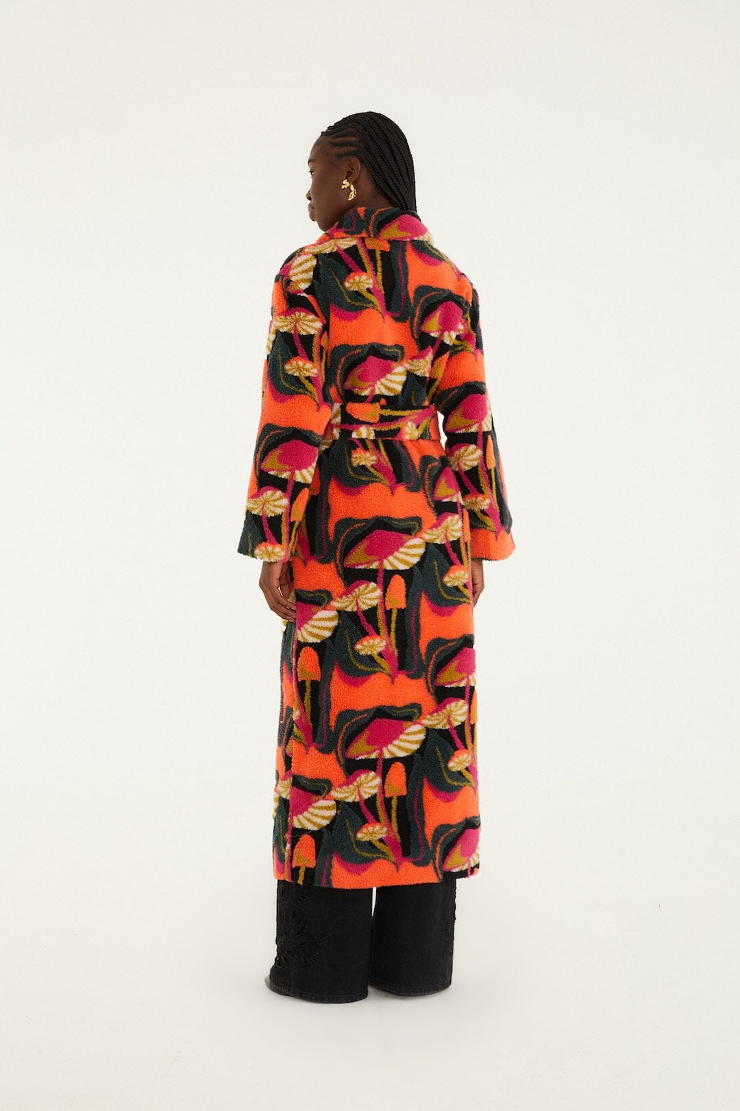 ミズレイコ　Ms.REIKO 羽織　ロングコート　トリアセテート　フルーツ柄 Black Wild Mushrooms Maxi Fleece Coat | FARM Rio