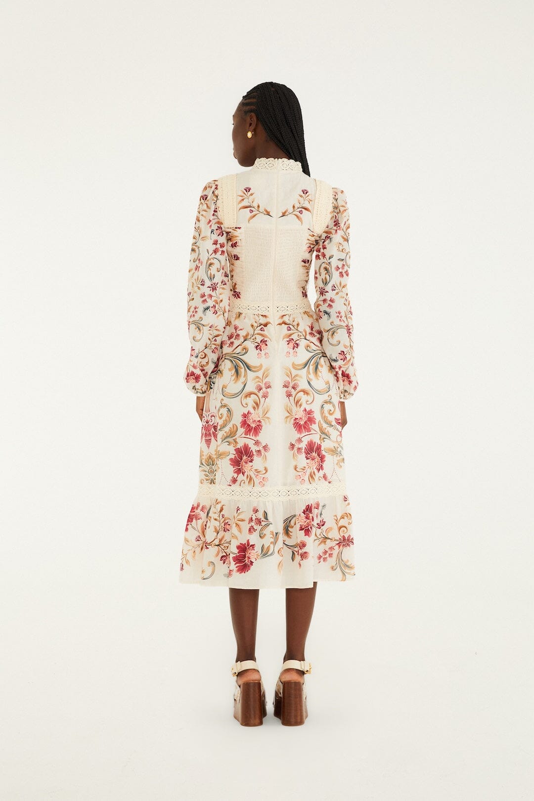 Cream Royal Garden Long Sleeve Crochet Midi Dress