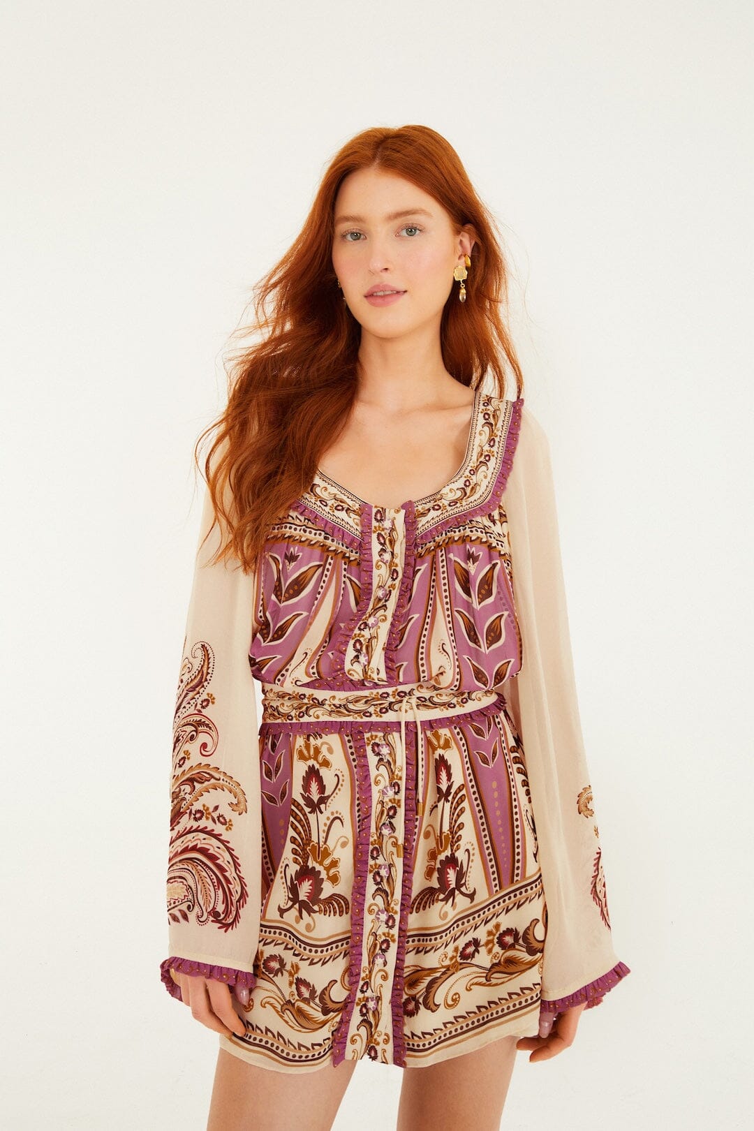 Sand Delicate Ainika Long Sleeve Belted Mini Dress