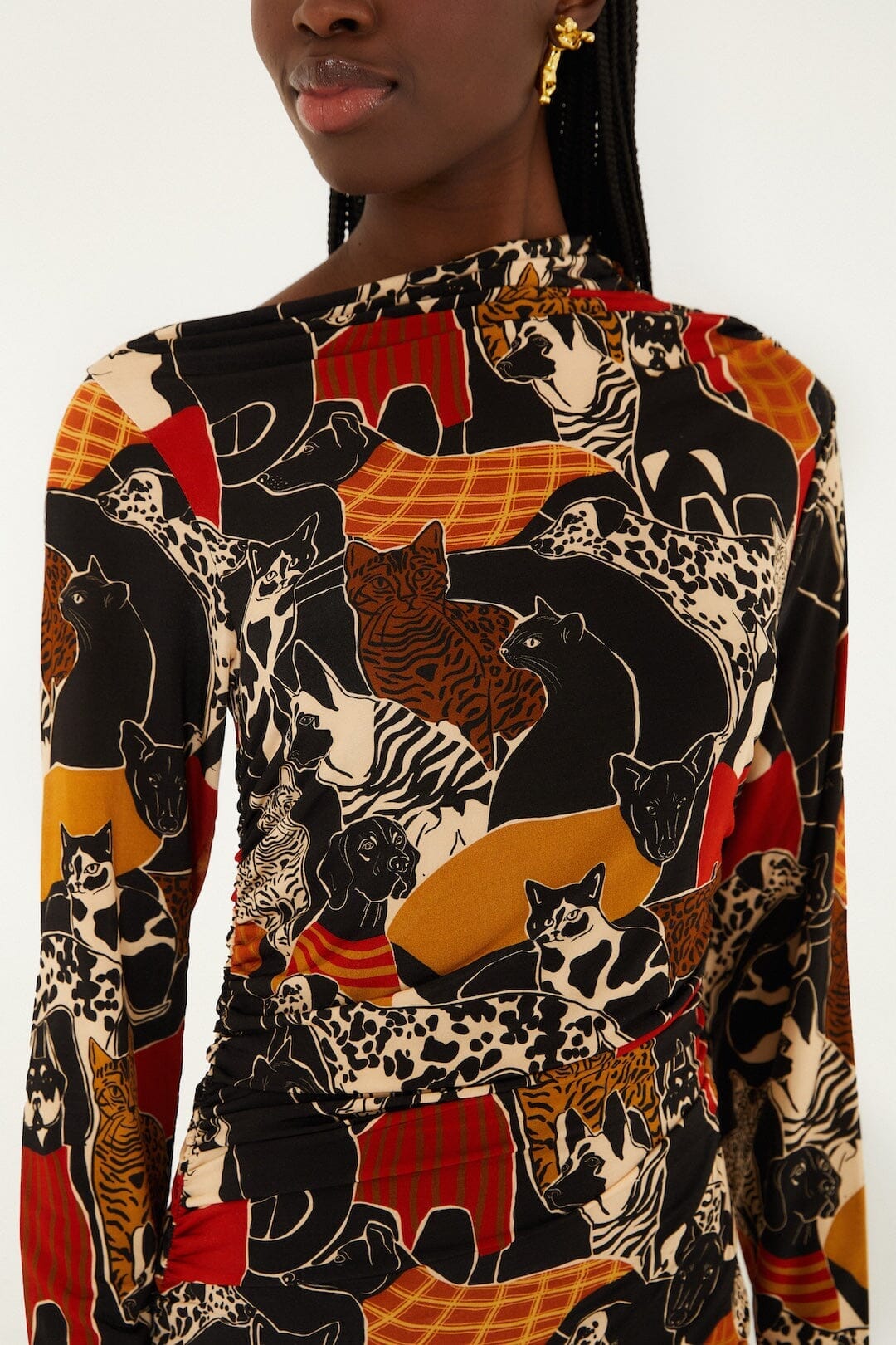 Multicolor Cats And Dogs Long Sleeve Draped Midi Dress | FARM Rio