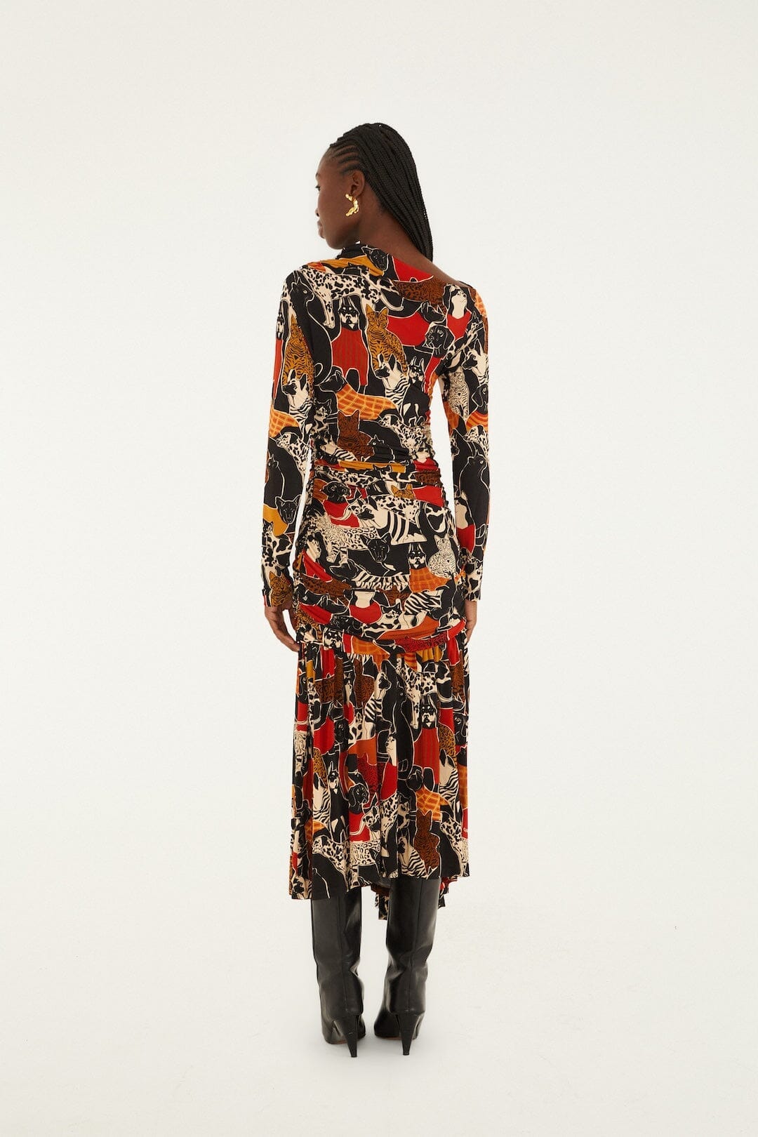 Multicolor Cats And Dogs Long Sleeve Draped Midi Dress