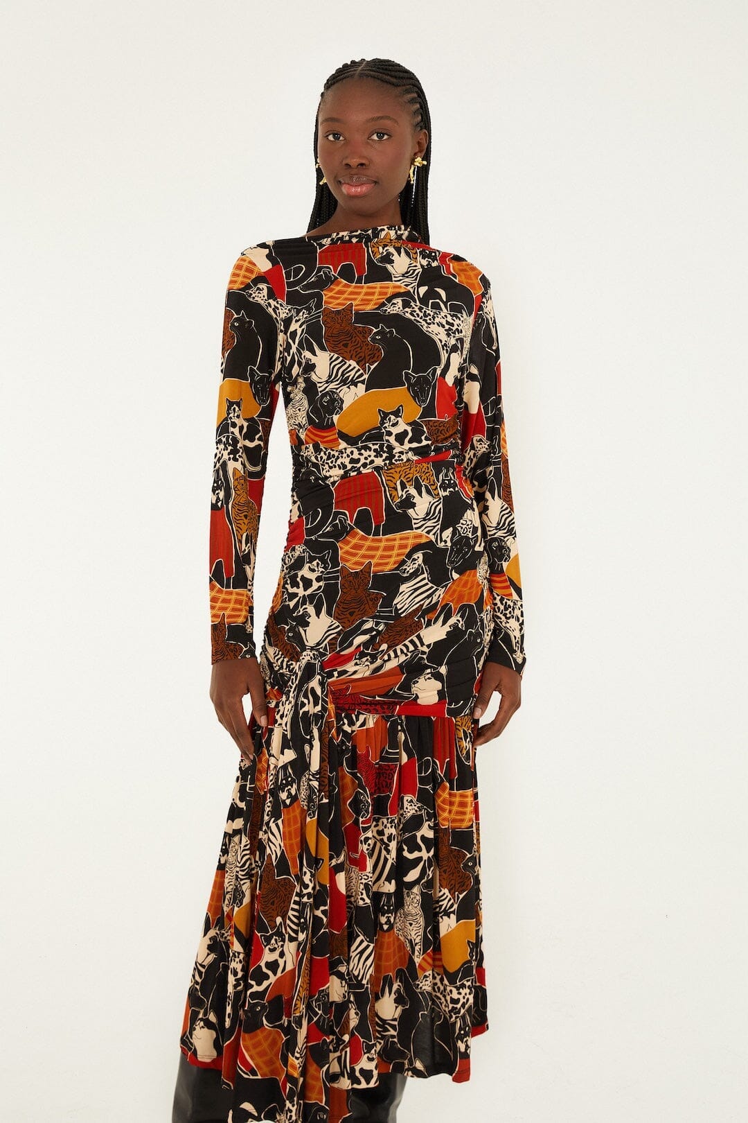 Multicolor Cats And Dogs Long Sleeve Draped Midi Dress