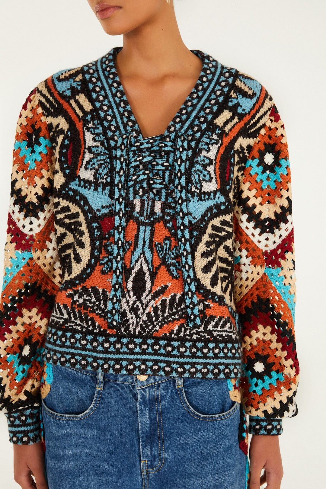 Multicolor Balamana Crochet Sleeve Knit Sweater