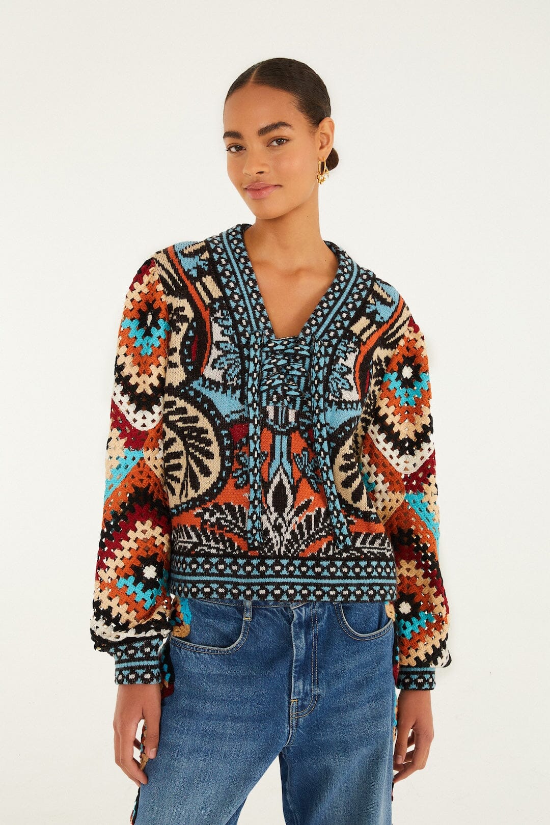 Multicolor Balamana Crochet Sleeve Knit Sweater