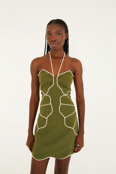 Green Wavy Trim Halter Neck Lenzing  Ecovero  Euroflax  Mini Dress