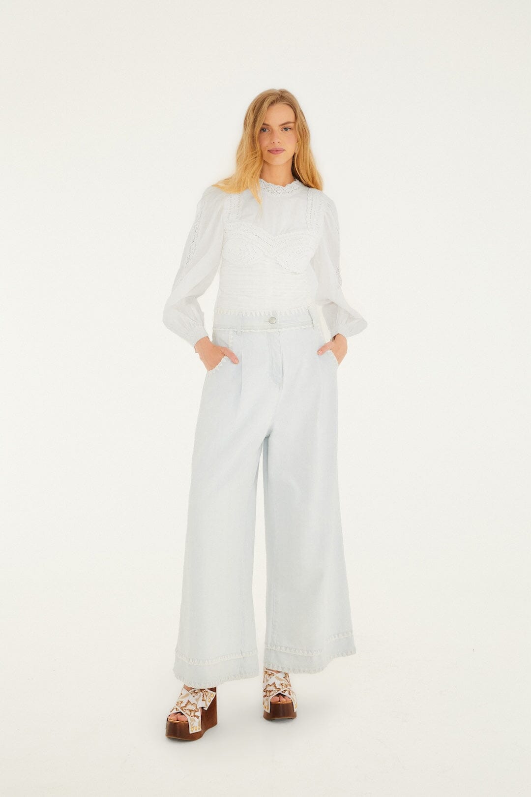 Off-White Crew Neck Long Sleeve Crochet Blouse