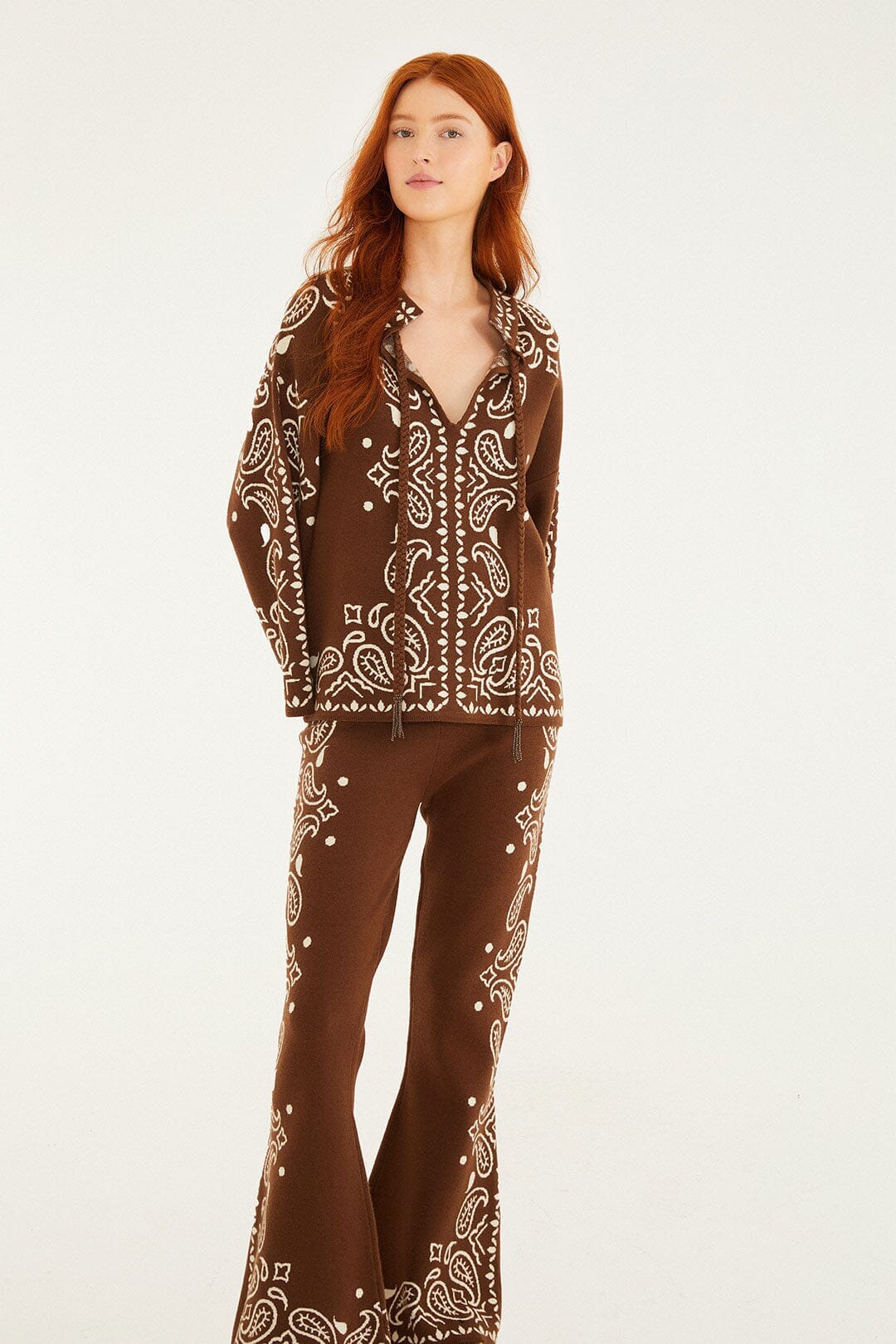 Brown Bohemian Paisley Flare Knit Pants