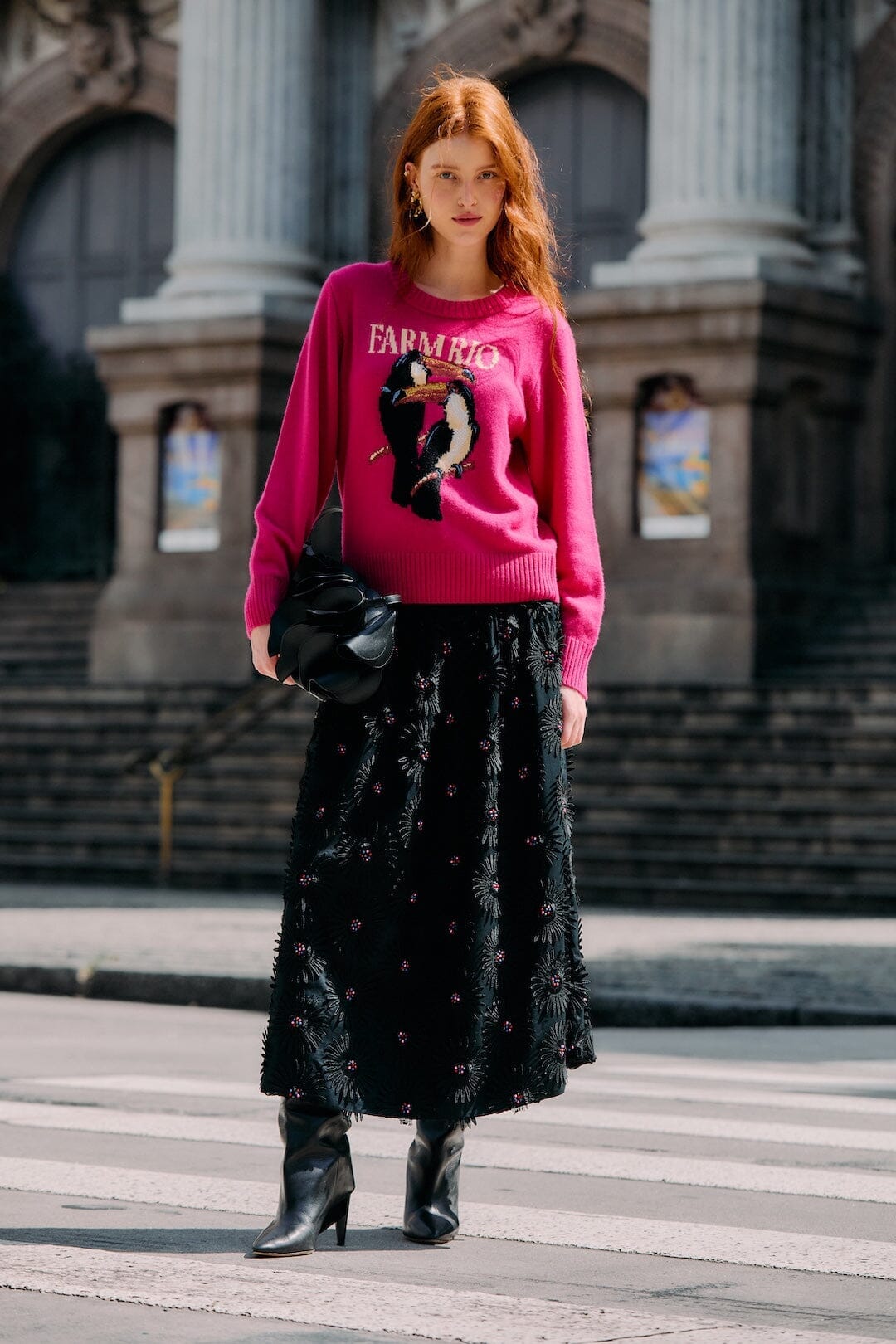 Black 3d Flowers Embroidered Midi Skirt